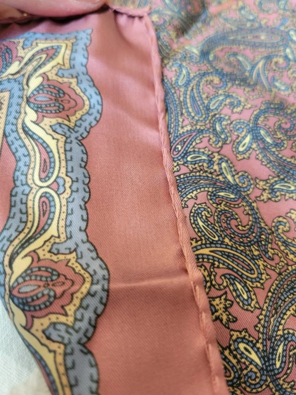 Vintage 100% Silk Paisley Square Scarf Mauve Rose Blue Gold Old Money Chic